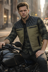 Men's Hexa Leather™ Vest Olive Green - OZ MOTOGEAR
