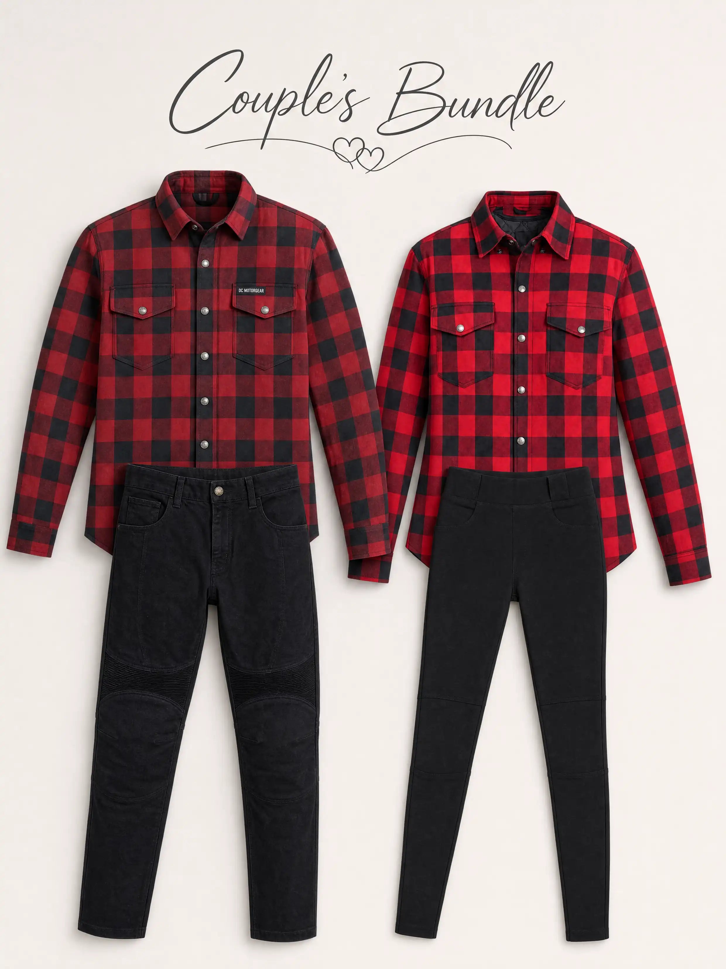 Couple`s Love Bundle – Men & Ladies Flannel Shirt, Moto Pant| OZ Motogear