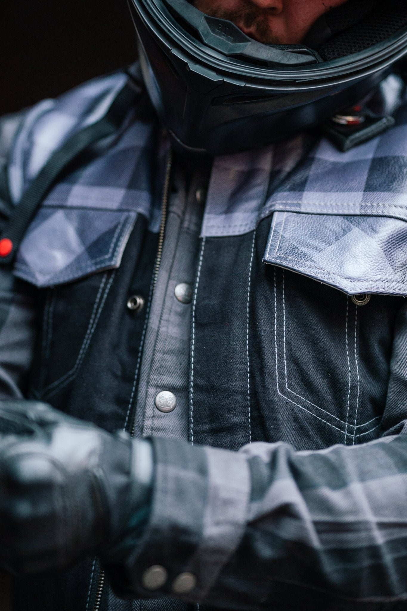 Men's Denim Style Leather Vest Black & Grey Check - OZ MOTOGEAR - Oz Motogear