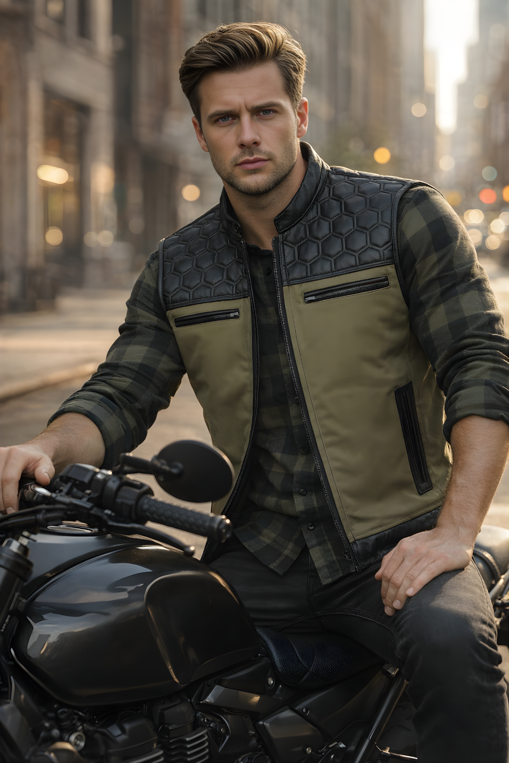 Men's Hexa Leather™ Vest Olive Green - OZ MOTOGEAR