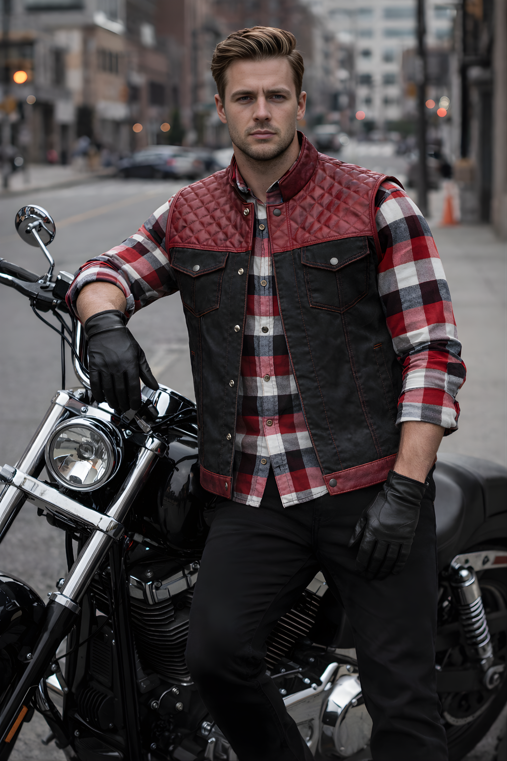 Men's Leather Vest | Denim Combo Black & Mahroon - OZ MOTOGEAR