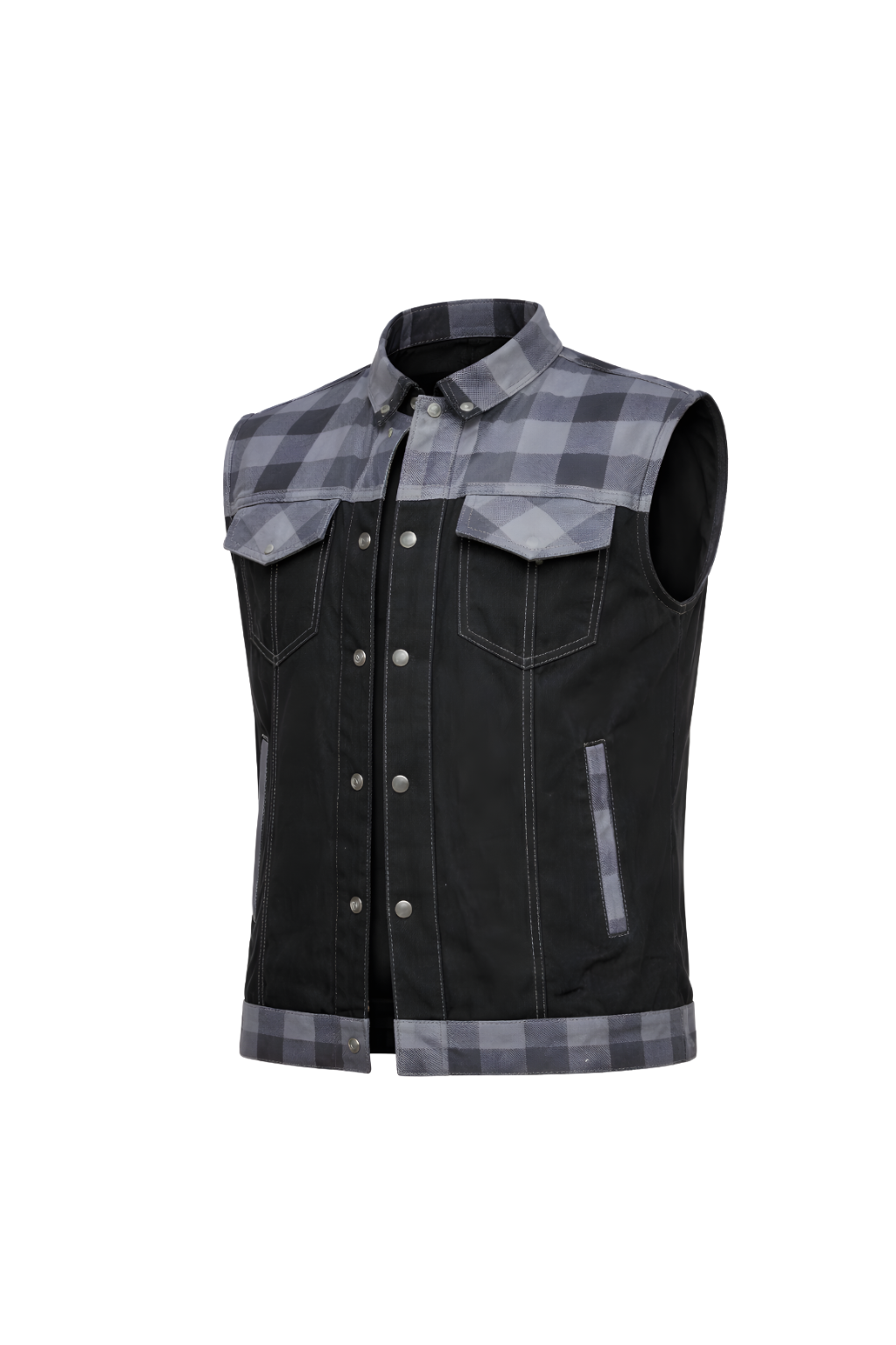 Men's Denim Style Leather Vest Black & Grey Check - OZ MOTOGEAR