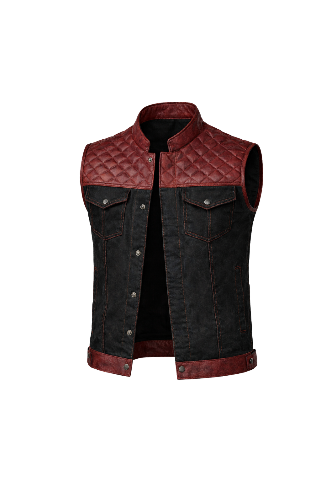 Men's Leather Vest | Denim Combo Black & Mahroon - OZ MOTOGEAR