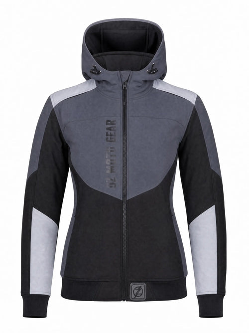 Ladies Reflective Softshell Kevlar Motorcycle Hoodie in Black & Grey 