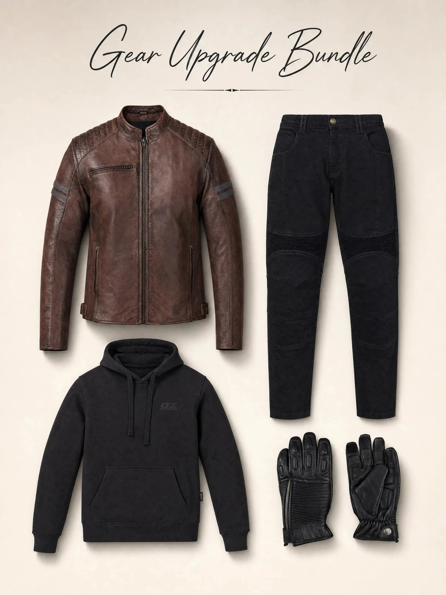 Gear up Bundle – Leather jacket, Hoodie, Thunder Denim Pant & Leather Gloves | OZ Motogear - Oz Motogear