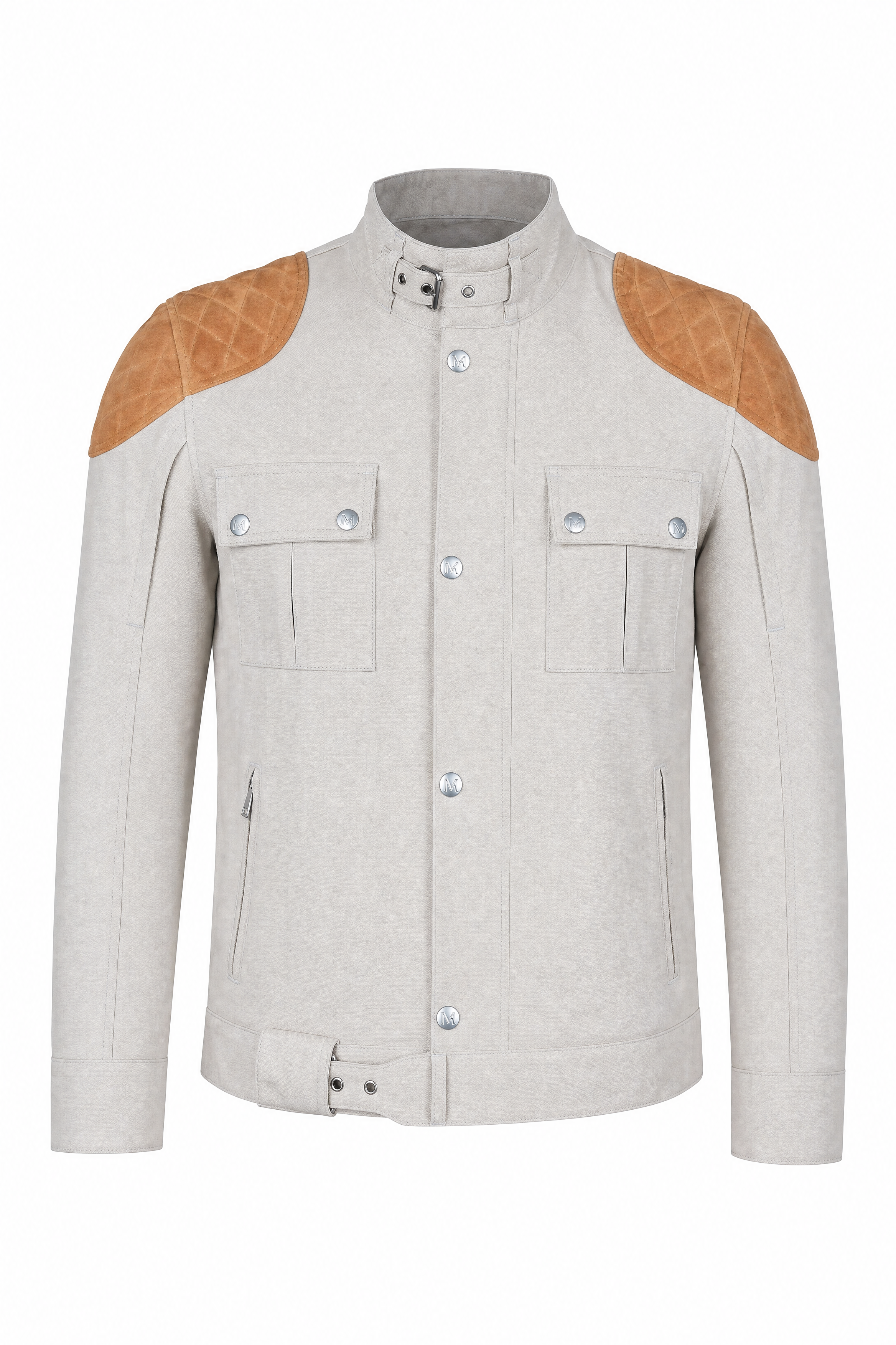 Men’s Leather & Canvas Jacket Off-White - OZ MOTOGEAR