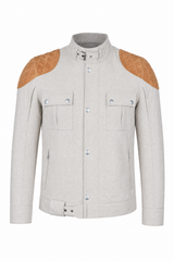 Men’s Leather & Canvas Jacket Off-White - OZ MOTOGEAR