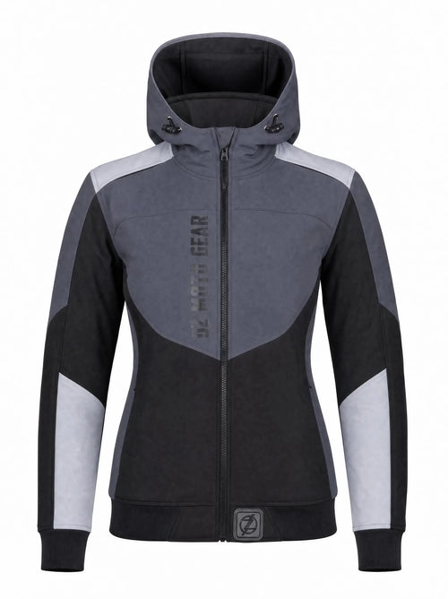 Ladies Reflective Softshell Kevlar Motorcycle Hoodie in Black & Grey 
