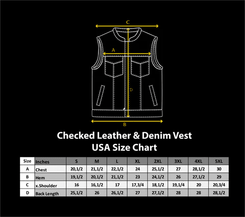 Men's Denim Style Leather Vest Black & Grey Check - OZ MOTOGEAR - Oz Motogear