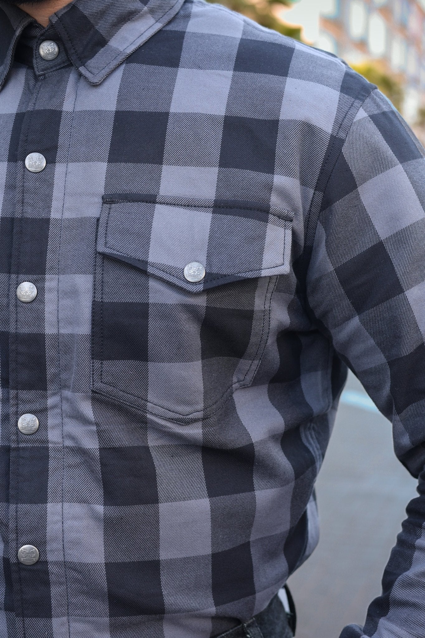 Men's Motorcycle Flannel Shirt CE AAA Certified Grey and Black - OZ MOTOGEAR - Oz Motogear