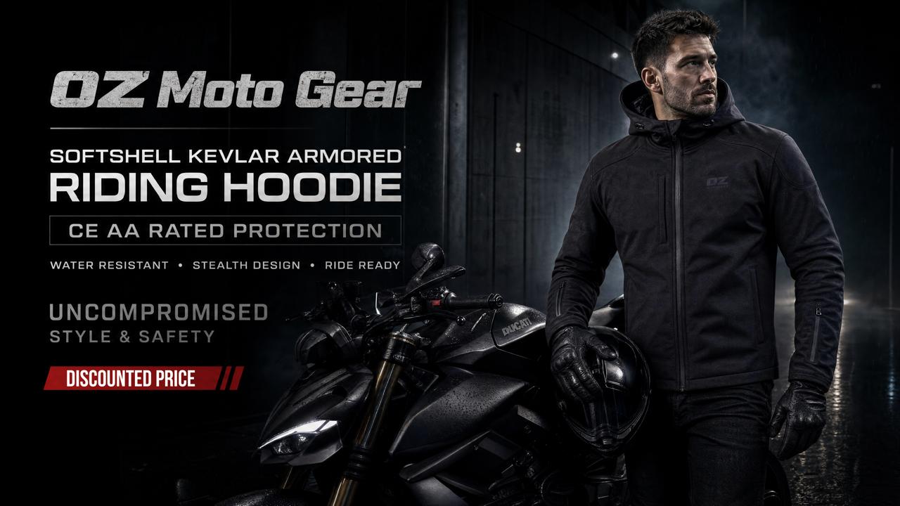 Men's Softshell Kevlar Armored Motorcycle Hoodie - CE AAA Certified Black - OZ MOTOGEAR