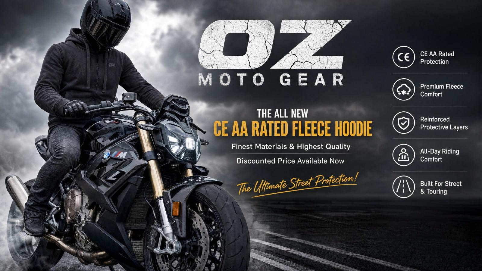 Men's Armored Motorcycle Hoodie - CE AAA Certified Black - OZ MOTOGEAR